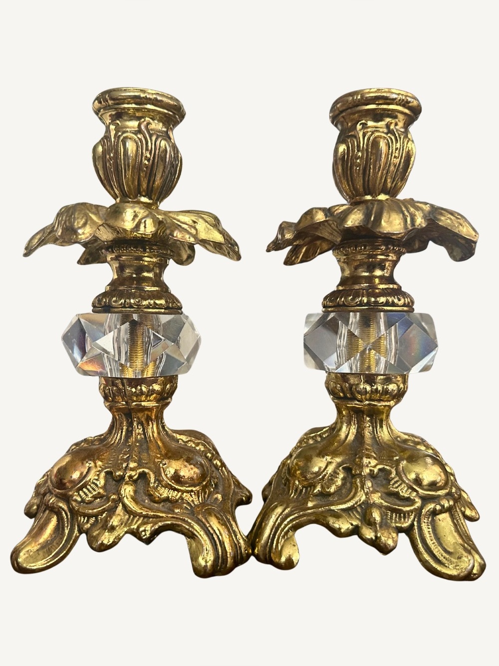 Heavy Gilt Brass Rococo Candlesticks Faceted Crystal Hollywood Regency